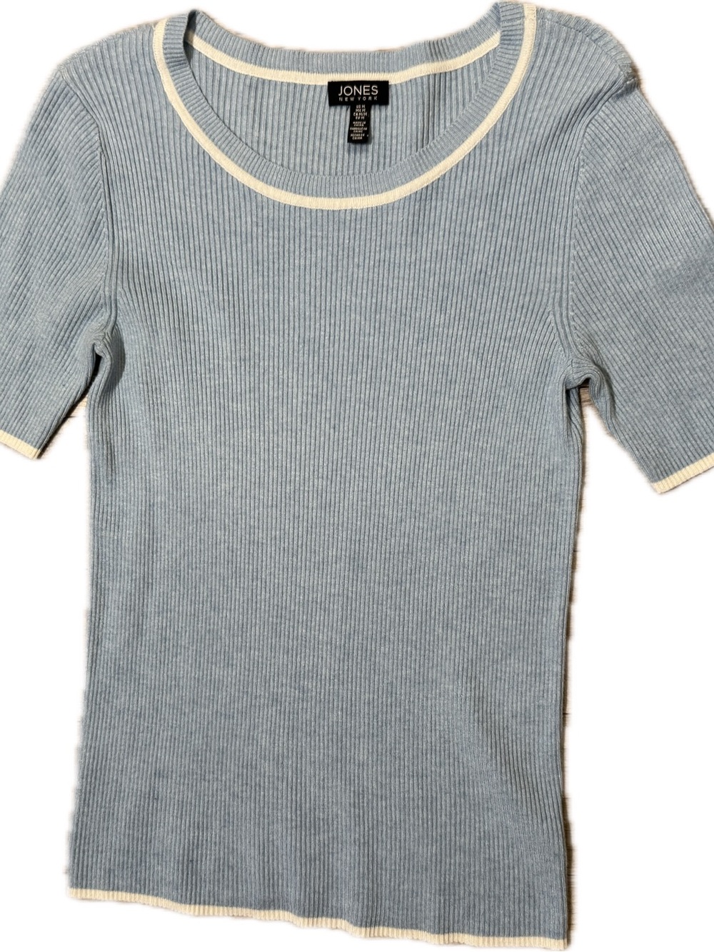 Jones New York Light Blue Ribbed Knit Top with Cream Trim